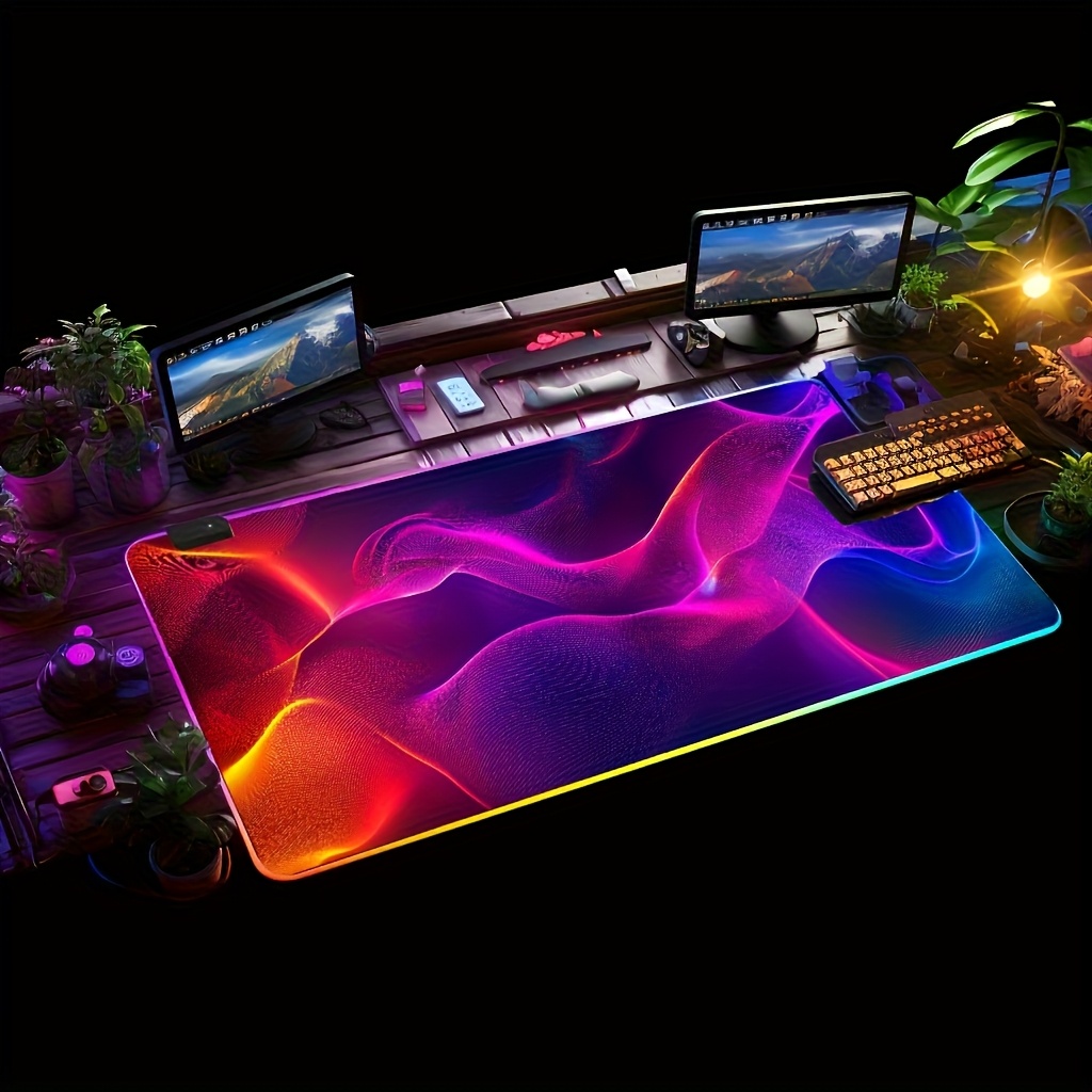 Mouse Pad Extended Rgb - RGB LED カラフルウェーブ大型ゲーミングマウスパッド、滑り止めゴム製デスクマット、防水拡張キーボードパッド（PCゲーマー向け）